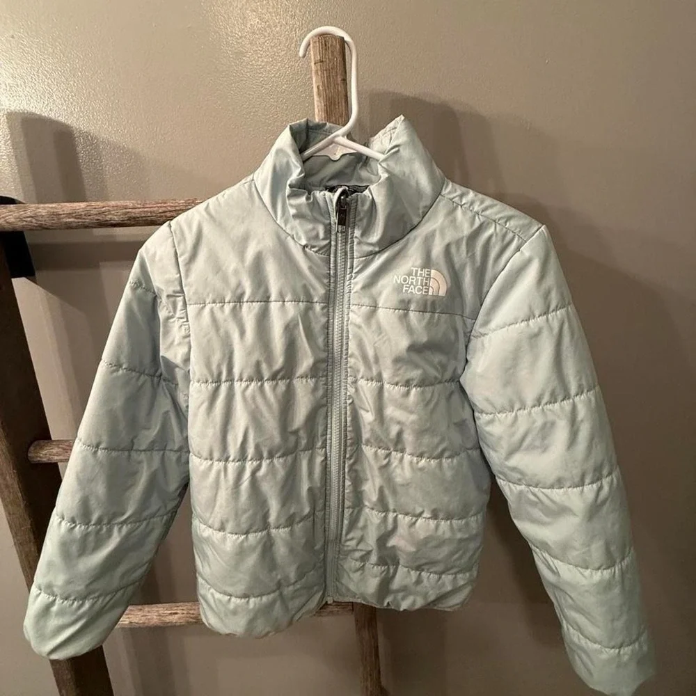 The North Face mint puffer jacket 10, M, some wear on sleeve, shown in photos,